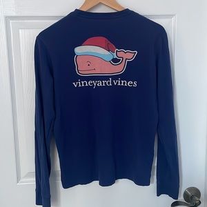 Vineyard Vines Santa Whale Navy Blue Long Sleeve Pocket tee